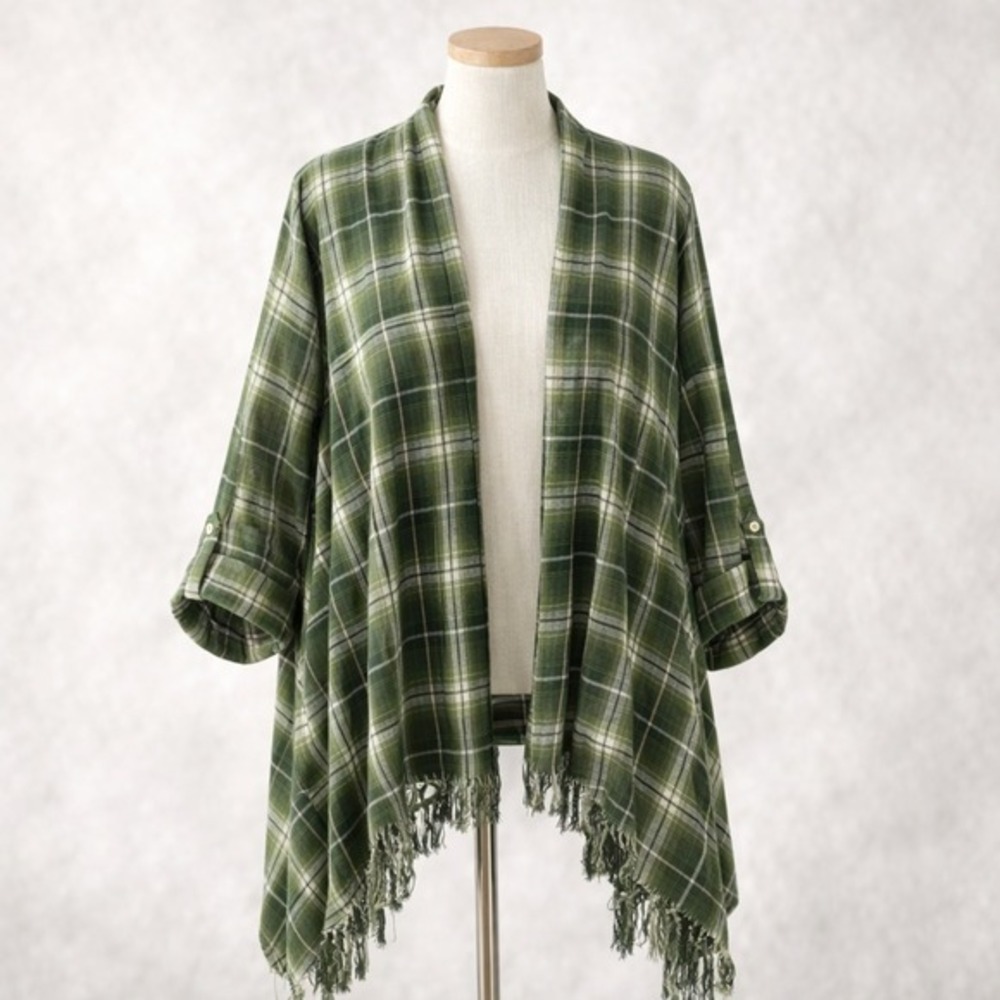 Krazy Kat Fringed Plaid‎ Cardigan Women XL Green Western Festival Lagenlook NWT
